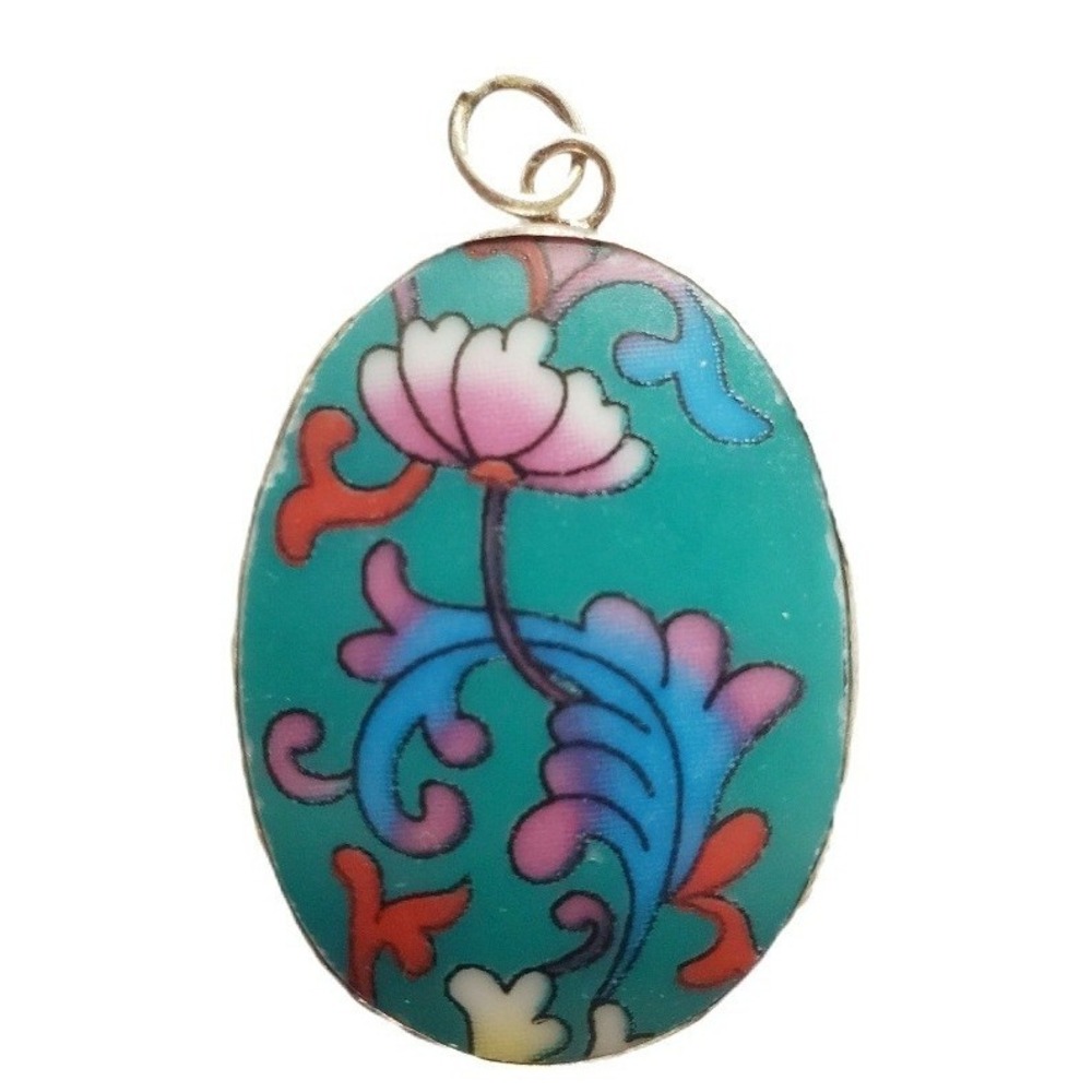 Vintage Transferware China Pottery Shard Pendant Teal Floral Chinoiserie Jewelry